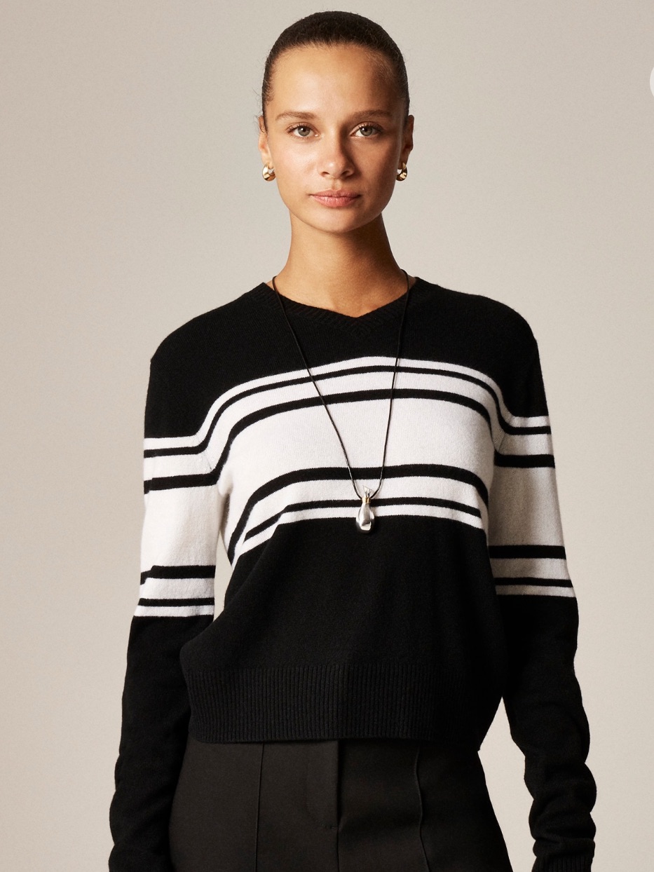 J. Crew High V-Neck Cashmere Sweater - Stripe